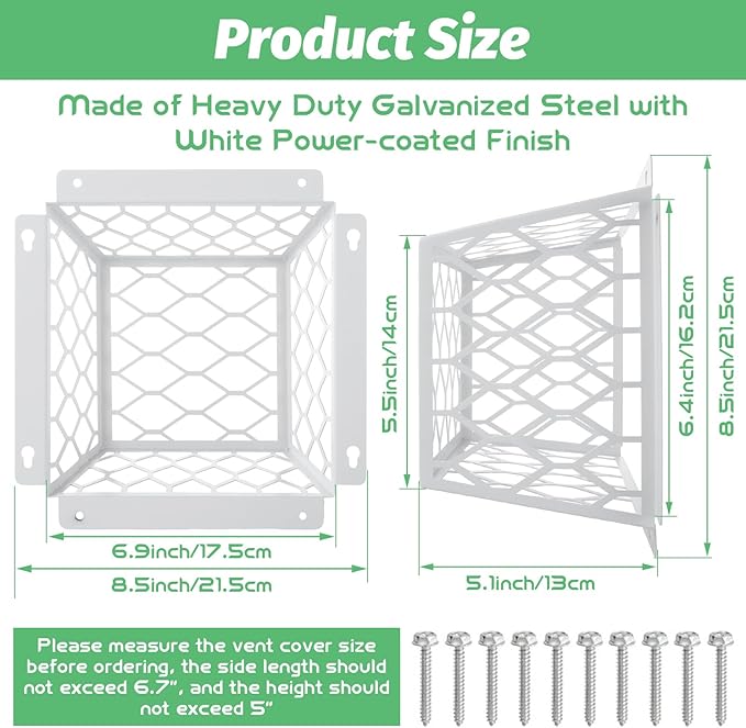 Acrux7 Dryer Vent Bird Guard, 7"x7"x5" Rust Proof Steel Outdoor Dryer Vent Cage for 3" to 4" Vents Cover Bathroom Exhaust Fan Ventilation Cover (White)