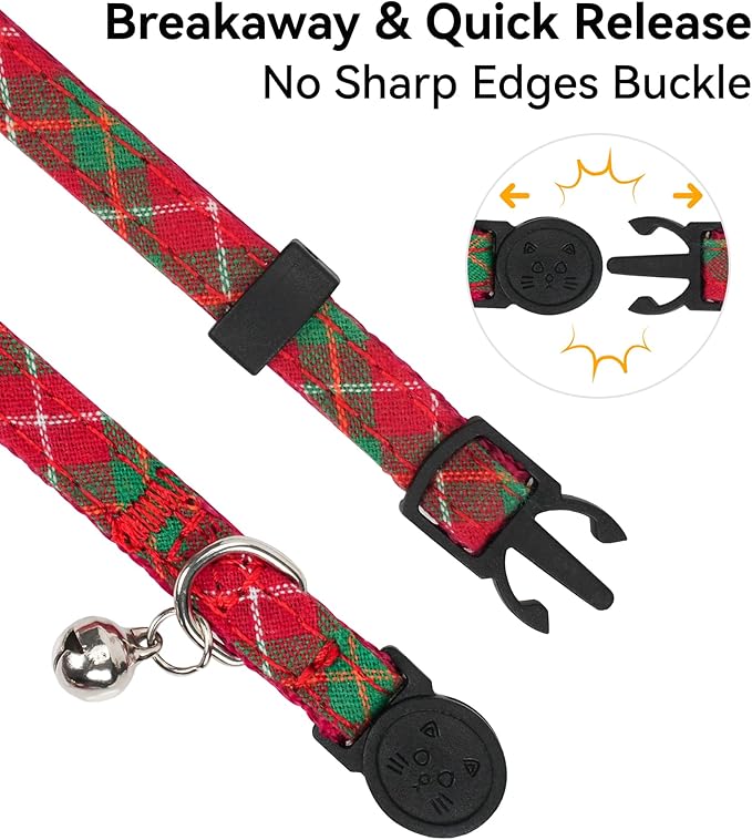 Joytale Upgraded Christmas Cat Collar with Bells, Breakaway Cat Collars with Bow Tie, 1 Pack Girl Boy Safety Plaid Kitten Collars, Red+Green Plaid