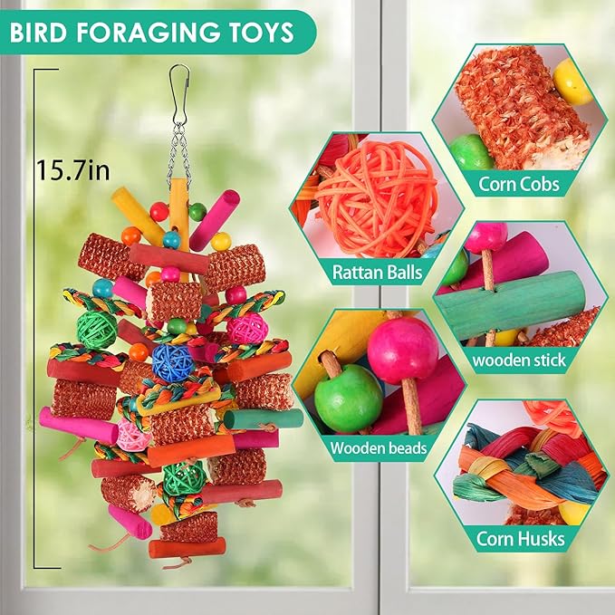 Kyouki Parrots Toys for Cockatiels, Budgies, Conures, Lovebirds, Quakers, Parrotlets, Caiques, Senegals, Meyer's & Other Small/Medium Birds - Natural Chewing & Foraging Toy with (Colored Corn Husk)