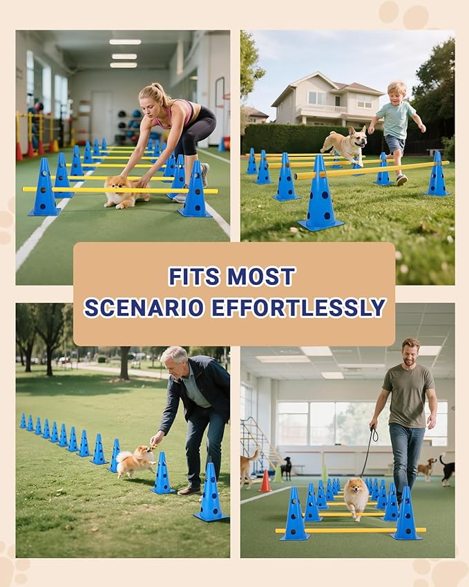 Dog Agility Course Backyard Set, Dog Agility Hurdle Cone Set with Height Adjustable Crossbar for Rehabilitation & Beginners, Dog Agility Equipment for Dog Obstacle Course - 12 Inch