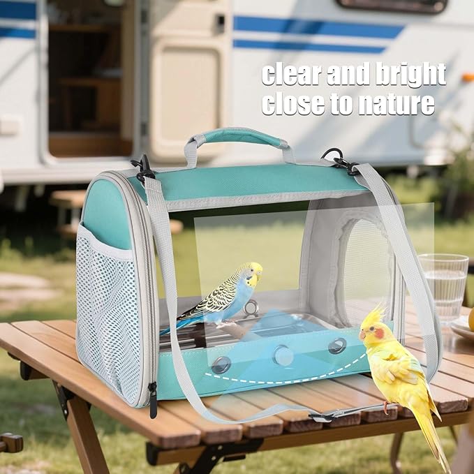 Long Tail Portable Bird Travel Carrier Cage with Metal Tray Soft Mat and Wooden Standing Perch, Hands Free Lightweight Clear 2 Windows Carry Bag for Parakeet Budgies Cockatiel Transport to Vet