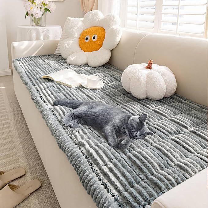 FUNNY FUZZY Pet Couch Covers for Sofa, Washable Dog Couch Cover Protector for Dogs, Flannel Couch Covers for Dogs Pet Friendly Pets Mat Bed (Blue-Grey, 35.4"x70.9")
