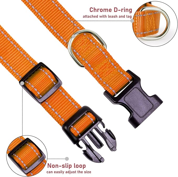 Reflective Dog Collar with Buckle Adjustable Safety Nylon Collars for Small Medium Large Dogs, Orange L