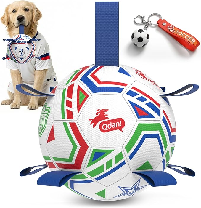 QDAN World Cup Soccer Ball for Dog, 8 Inch Dog Balls with Straps for Interactive, Tug and Training, Indoor Outdoor Toys for Medium & Large Dogs, 2026 Herding Ball