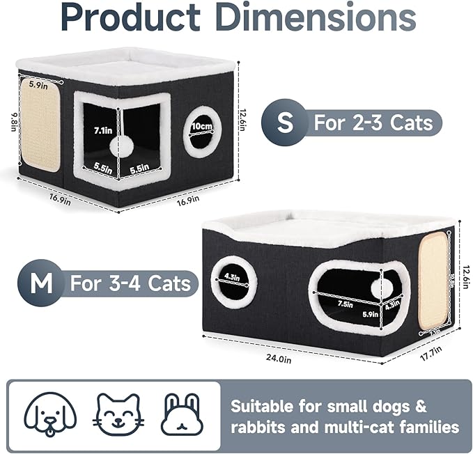 Cat Beds for Indoor Cats, Extra Wide Cat Cube House for Multi Cats, Foldable Cat Cave Hideaway with Arc-Edge Design & Oval Door, Double-Side Soft Cushion for All Seasons, 24"L x 17.7"D x 12.6"H, Black