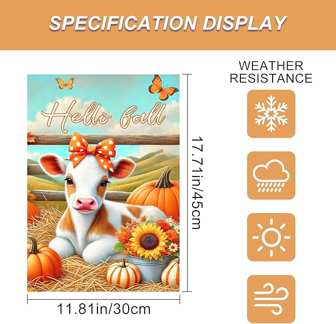 Hello Fall Garden Flag Cute Calf Cow Flag 12x18 Inch Polka Dot Bow Hay Pumpkins Sunflowers Double Sided Outdoor Banner For Front Yard Porch Lawn Patio Seasonal Home Decor Rustic Autumn