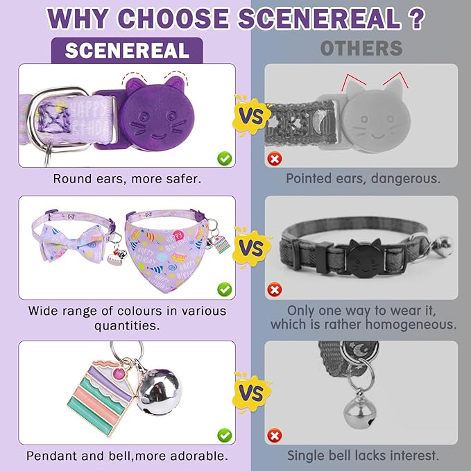 SCENEREAL Cat Bandana Collar for Birthday - 2 Pack Breakaway Kitten Collars with Bell Bowtie, Accessories for Pet, Adjustable Cute Cat Collars for Cats and Small Dogs Boys Girls, Purple