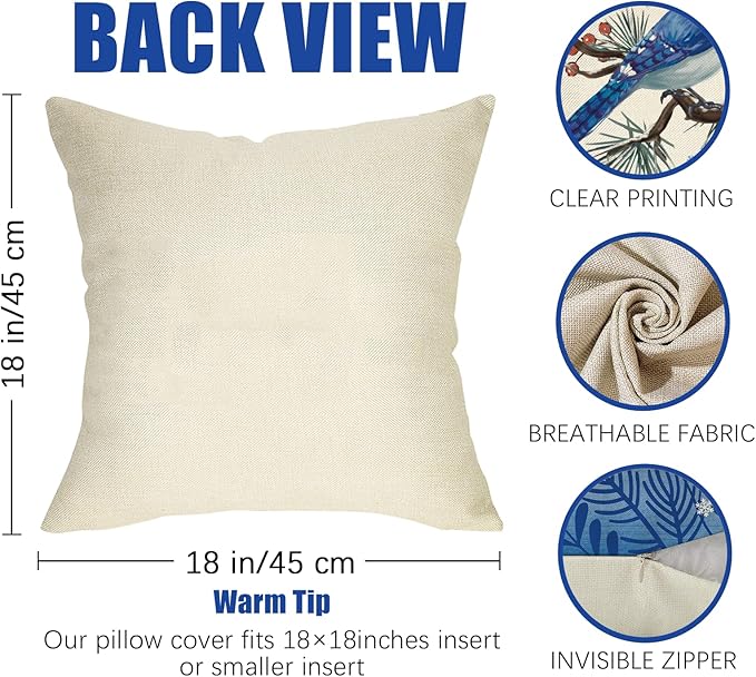 Fahrendom Hello Winter Bluebird Decorative Throw Pillow Covers 18x18 Set of 4, Let It Snow Blue Jay Branch Porch Patio Outdoor Pillowcase, Christmas Pine Needle Red Berry Sofa Cushion Case Home Decor