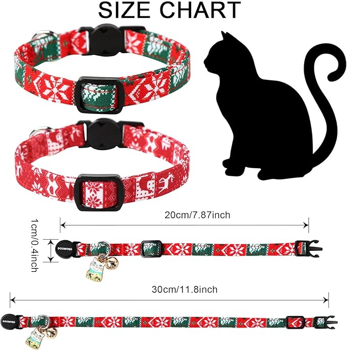 Cat Collar,2 Pack Cat Collars Breakaway with Bell, DOGWONG Safety Buckle Red Christmas Cat Collar for Girl Boy Cats and Small Dogs，Adjustable 7-12 Inch,Pet Supplies Accessories