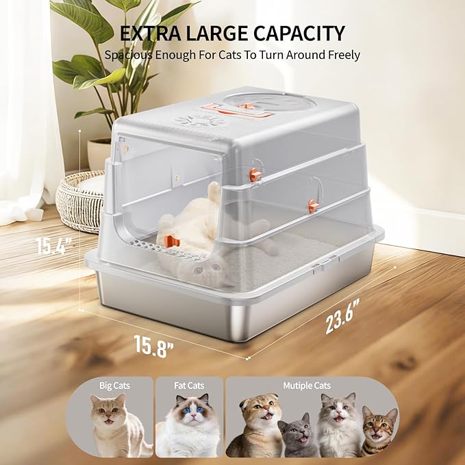 Stainless Steel Cat Litter Box with Lid, Extra Large Enclosed Metal Litter Pan with High Sides, Full Flip Cover Litter Box for Large Cat, Include Scoop & Step, Leak Proof Easy Clean Odor Control, Grey
