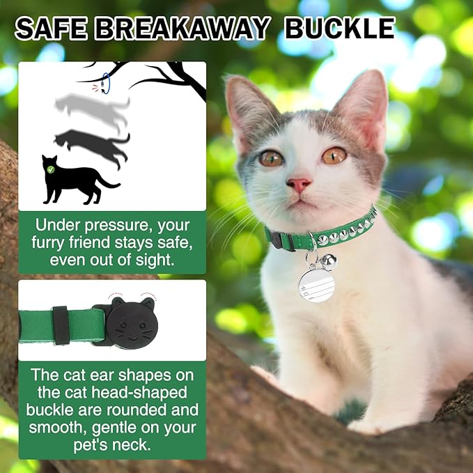 Leather Personalized Breakaway Cat Collar with Studded Bell and Safety Quick Release Buckle - Rivets Studded ID DIY Collars for Boy Girl Cats Kittens, 9" - 11.5" Green