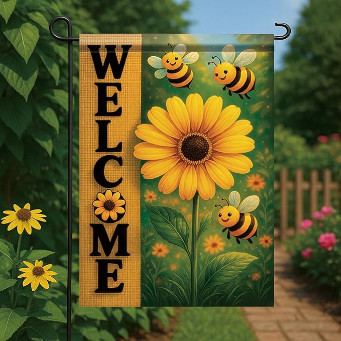 Spring Summer Garden Flag Bee Sunflower Flag 12x18 Inch Double-Sided Cute Welcome Yard Banner Floral Outdoor Decor for Porch Lawn Pathway Cottage Farmhouse Gift