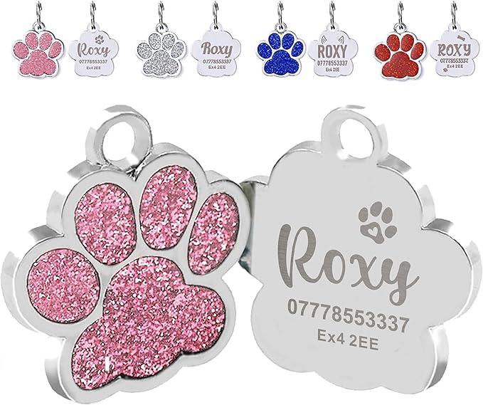 EDSG Cat Dog Tags Personalized for Pets, Dog Name Tags Cat Name ID Tag, Engraved Dog Tags Dog ID Tags Small Glitter Bling ID Tag Paw Print for Cat Pet Dog Puppy(Pink,Design 4)