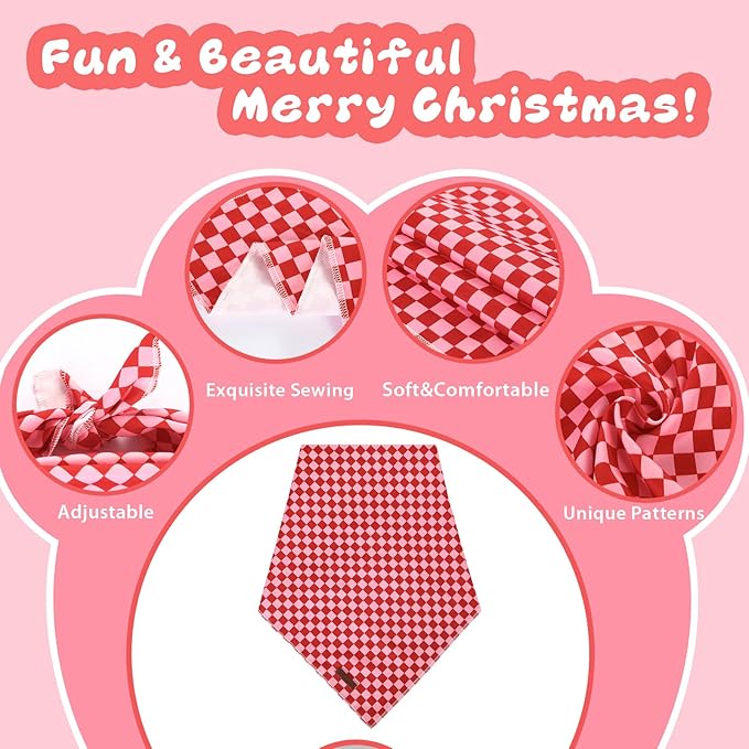 Red and Pink Plaid Dog Bandana–Red and Pink Checked Triangle Scarf for Small Medium Large Dogs, Soft Cotton Pet Bib for Dogs, Adjustable Dog Kerchief