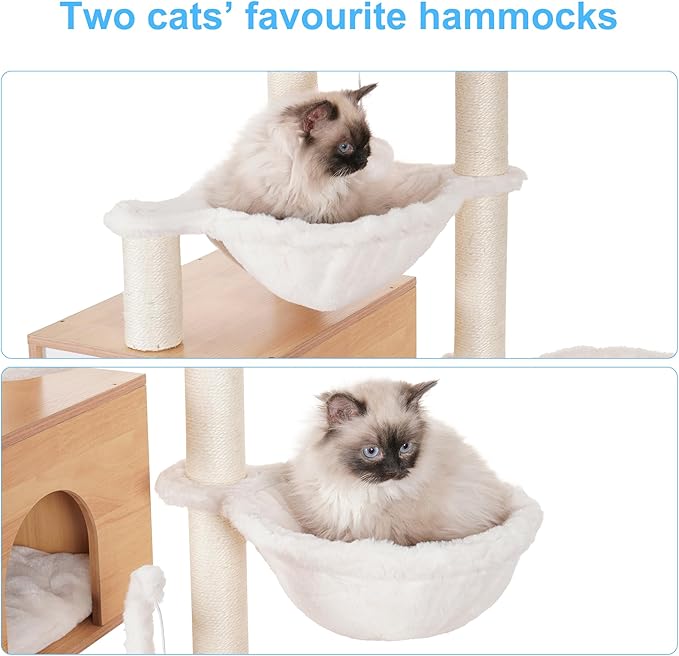 Hey-brother Cat Tree with Litter Box Enclosure, Modern Cat Tower for Indoor Cats with Large Platform, Condo Food Station and 2 Hammocks, All-in-one Cat Furniture, Wood Walnut MPJ115WB