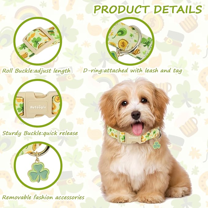 St. Patrick's Day Dog Collar,Light Green Puppy Collar with Lucky Shamrock,Adjustable Spring Cotton Collars Gifts for Small Medium Large Dogs,Dog Accessories S