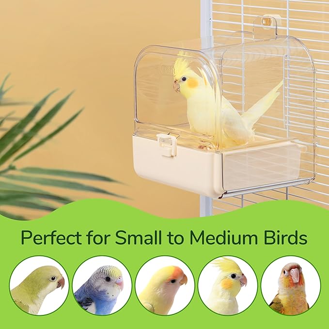 Hanging Bird Bath for Cage with Bowls & Mesh Bottom - 3-in-1 Multifunction Bird Bath/Bowl/House, Bird Shower for Lovebirds, Finches, Parakeets, Budgies, and Other Small to Medium Birds - White