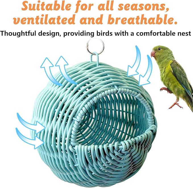 BNOSDM Rattan Parrot Nesting House Bird Nest Parakeet Hanging Swing Soft Lovebird Warm Bed Sleeping for Parrots Bird Cage Accessories for Cockatiels Budgerigars Finches Canaries (Blue)