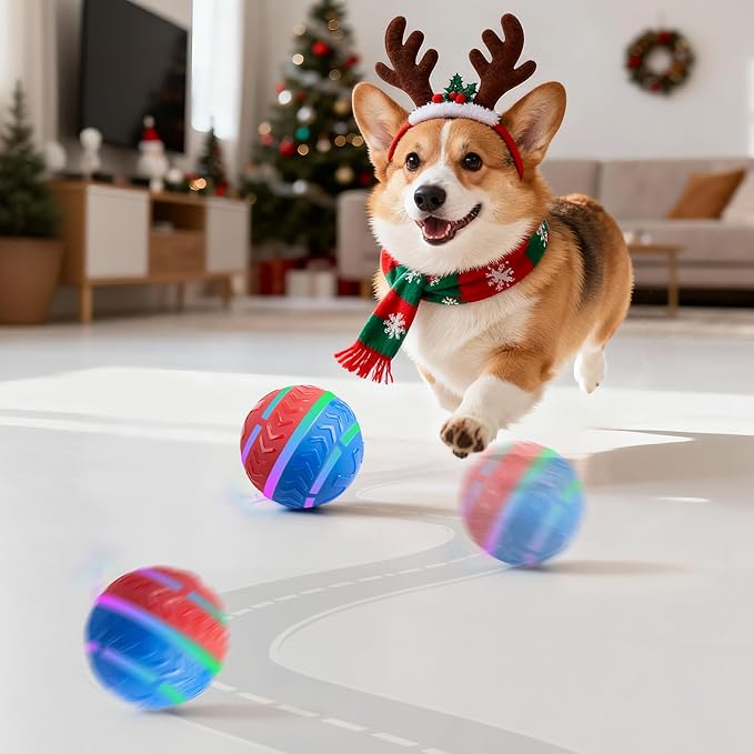 Pet Prime Interactive Dog Ball Toy Automatic Active Rolling Ball for Dogs Motion Activated with LED Light Rechargeable Self Moving Toy for Small Medium Large Dogs to Play Red/Blue