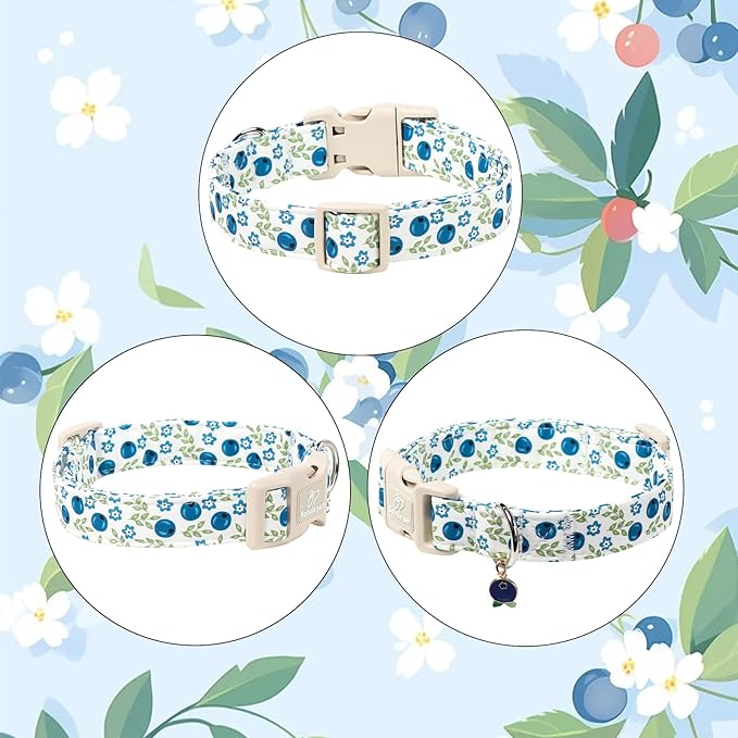 Spring/Summer Dog Collar for Medium Dogs - Fresh Blueberry Girl Boy Dog Collars, Soft Lightweight Puppy Collar, Breathable Adjustable Male Female Fruit Floral Dogs Collars M