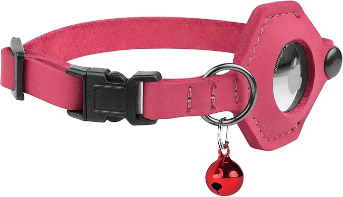 Breakaway Airtag Cat Collar with Removable Bell - Leather Pet Collar with Apple Air Tag Holder - Adjustable GPS Collars for Girl Boy Cats Kitten Puppy - Lightweight, Cute and Comfortable (Pink)