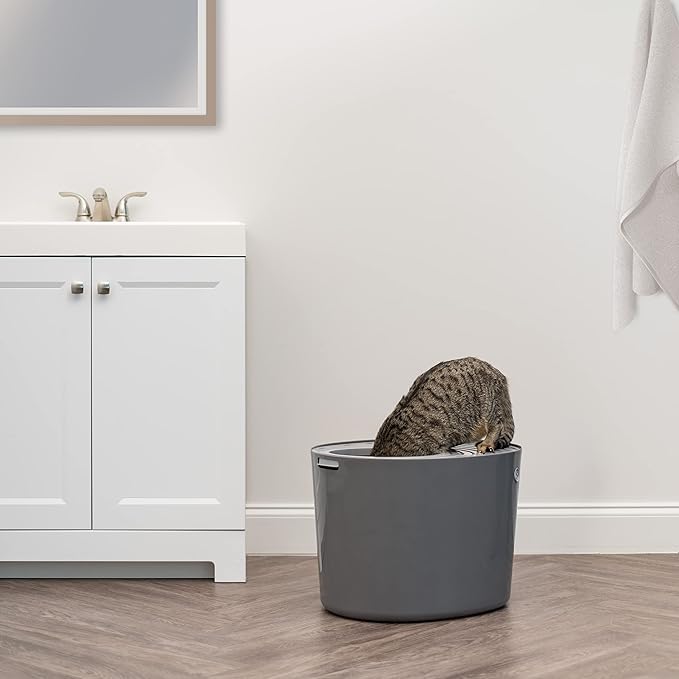 IRIS USA Cat Litter Box, Large Top Entry with Litter Catching Lid and Scoop, Dog Proof, Cat Box Enclosure, Dark Gray/White