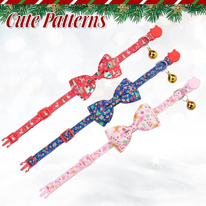 Christmas Breakaway Cat Collar with Removable Bow Tie and Bell, Cute Xmas Patterns, 3 Pack Safety Buckle Kitten Collars, Adjustable Pet Collar