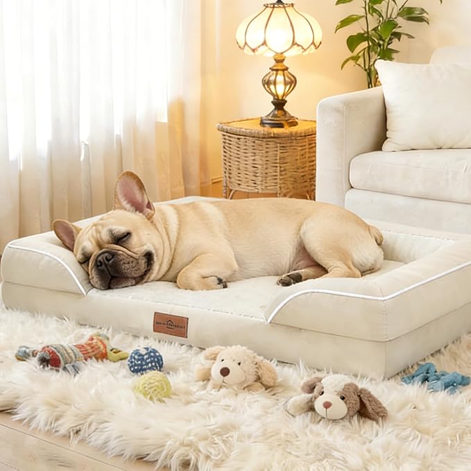 Comfort Expression Orthopedic Dog Bed for Small Dogs 24x16 Inch, Waterproof Supportive Egg Crate Foam Small Pet Bed with Removable Bolsters, Dog Couch with Washable Cover & Non-Slip Bottom, Beige