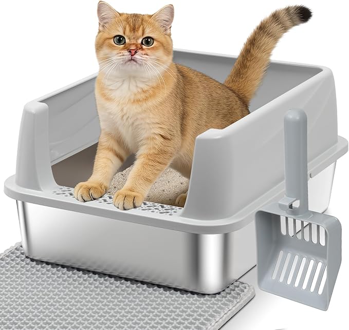 Stainless Steel Litter Box with Lid,Open Top Low Entry Litter Box, Metal Kitty Litter Box for Medium/Small Cats,Odor Control,Anti-Leakage, Non-Sticky, Includes Mat&Scoop,17.5x13.6x8in,