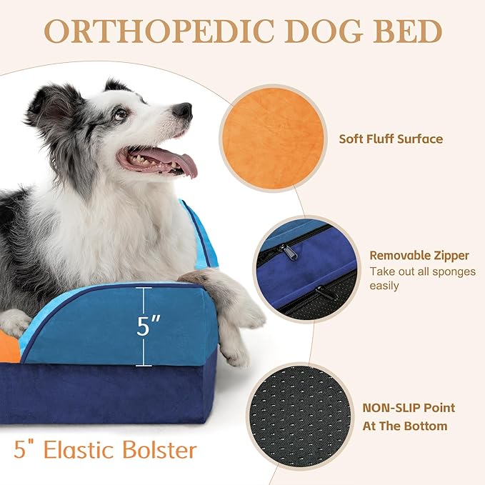 Comfort Expression Orthopedic Dog Bed for Large Dogs 36x27 Inch, Waterproof Egg Crate Foam Large Pet Bed with Removable Bolsters, Dog Couch with Washable Cover & Non-Slip Bottom, Golden Harbor