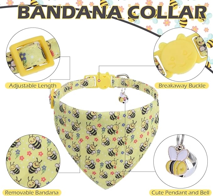 EXPAWLORER Spring Cat Collar Breakaway with Bells - 2 Pack Cute Flower Pet Collar with Removable Bow Tie and Bandana, Adjustable Safety Buckle with Bee Pendants for Girl Boy Cats Kitten