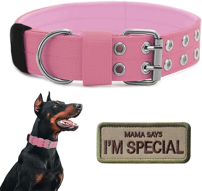 Tactical Dog Collar Military Adjustable Dog Collars Soft Nylon Training Collar with Patch Heavy Duty Metal Buckle Collars for Medium Large Dogs (Light Pink, L)