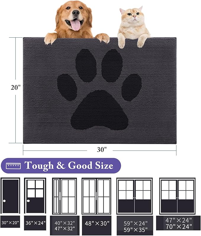 Buganda Dog Door Mat for Muddy Paws, Absorbent Dirt Trapper Non Slip Indoor Doormats, Washable Low-Profile Mat for Mud Dogs, Entryway Carpet for Inside Floor (40x32 Inches, Black)