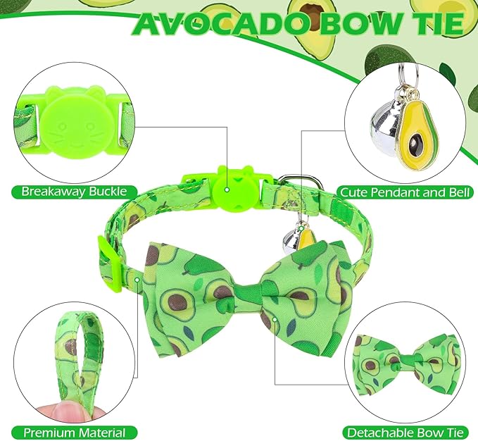 EXPAWLORER Cute Cat Collar Breakaway with Bells - 2 Pack Fruit Adjustable Pet Collar with Removable Bow Tie and Bandana, Safety Buckle for Girl Boy Cats Kitten, Avocado