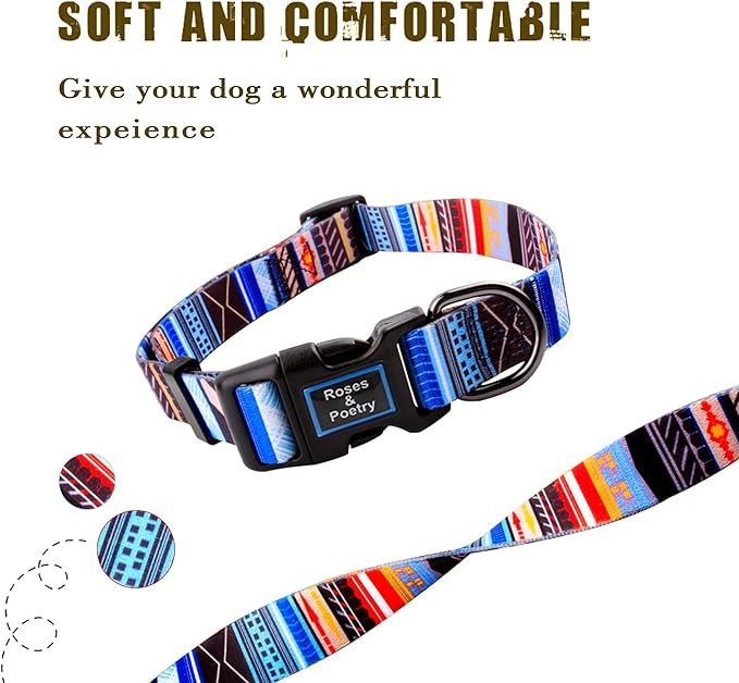 Roses&Poetry Dog Collar with Colourful Stripe Patterns, Adjustable Durable Puppy Collars for Small Medium Large Dogs (Stripe-L)