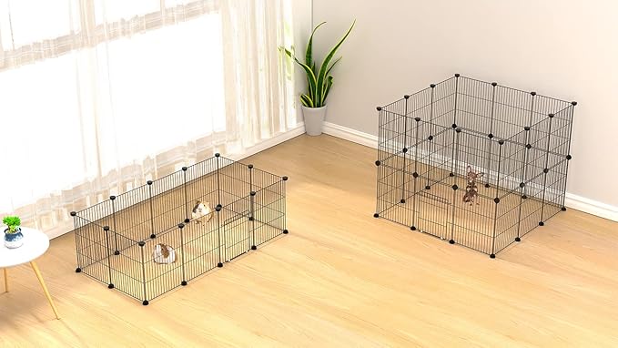 LANGXUN DIY Small Animal Playpen, Pet Playpen with Door and Waterproof Mat, Rabbit Guinea Pig Cages, Puppy Kitten Playpen | Indoor & Outdoor Portable Metal Wire Yard Fence, 12pcs Metal Pet Panels