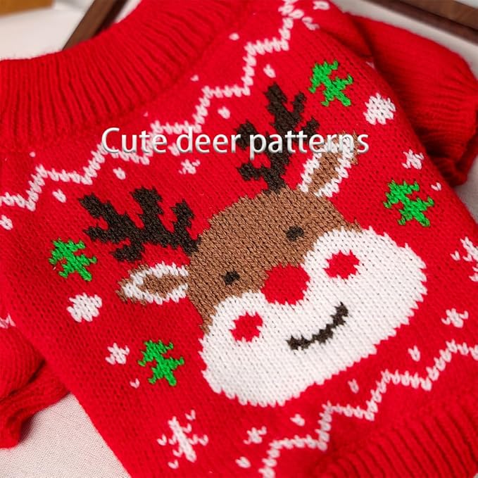 Christmas Dog Outfit Red Puppy Sweater for Small Dogs Girl Boy Elk Snowflake Cat Knitwear Reindeer Knitted Pet Clothes Santa Deer Costume for Chihuahua Yorkie Poodle (Red-2, X-Large)