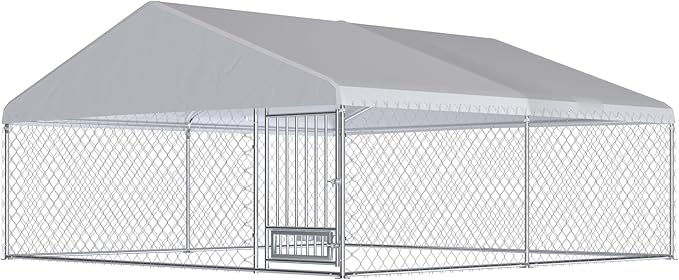 13FT x 13FT Outdoor Dog Kennel with Roof, Outside Dog Run Fence with Rotated Dog Bowls, Large Dog House Pen Enclosure with Secure Lock&Textilene Door