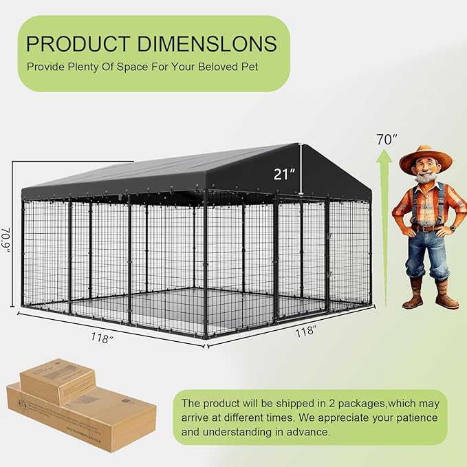 Gotland Dog Kennel Outdoor 10 x10 x6 FT, Dog Cage Outdoor for Medium/Large Dogs with Waterproof Roof Double Secure Locks Ground Spikes, All Weather Heavy Duty Dog Enclosure for Backyard Farm Ranch