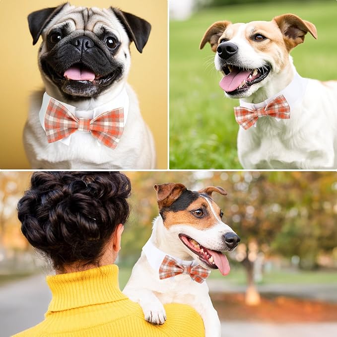 Segarty Dog Bow Tie, Adjustable Orange Plaid Bowtie Collar for Neck Girth 10.2-12.6in, Medium Dog Tie Tuxedo Comfortable Cotton Boy Pets Grooming Accessories for Formal Wedding Holiday Birthday Party