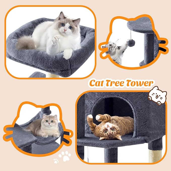 DUMOS Small 44 Inch Cat Tree Tower, Cat Climbing Tower with Natural Sisal Scratching Posts, Hammock, Pet Condo for Indoor Cats and Kittens Play, Dark Grey