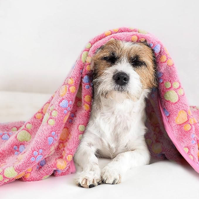 Comsmart Dog & Cat Blanket, Cute Paw Print, Soft Warm Fleece Throw for Small to Large Dogs, Puppy, Kitten, Guinea Pig (Brown/Pink/White, 1 Pack 3, 24 * 32in)