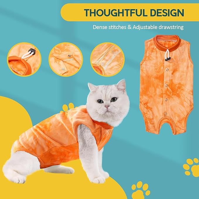 Avont Cat Recovery Suit - Kitten Onesie for Cats After Surgery, Cone of Shame Alternative Surgical Spay Suit for Female Cat, Post-Surgery or Skin Diseases Protection -Tie-dye Orange(S)