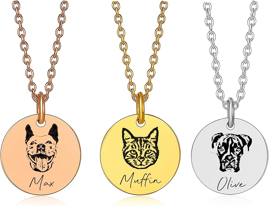 Custom Pet Portrait Necklace with Photo & Name – Dog or Cat Memorial Jewelry for Women or Men, Personalized Engraved Round Disc for Cat Loss, Birthday Gifts for Pet Owners, Dog Moms & Animal Lovers