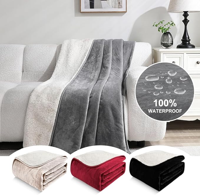 Waterproof Blanket for Beds – Ideal for Couch & Pets Splash Proof Sherpa Throw, Leakproof TPU Layer, Stain Resistant Washable Bed Protector – LightGray, 90"x 80"