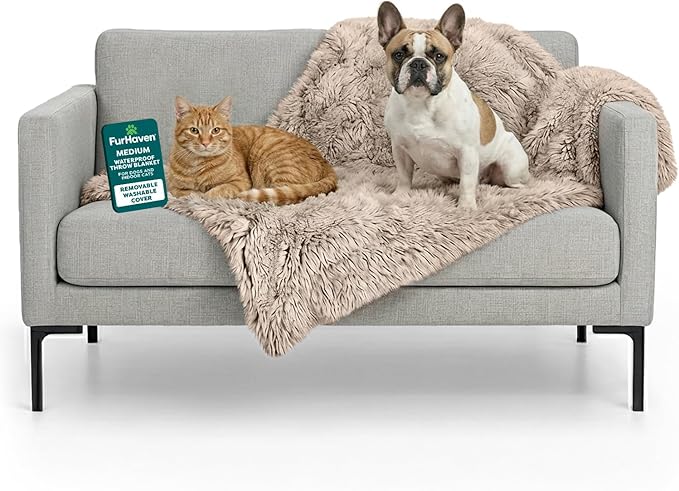 Furhaven Waterproof Throw Blanket for Dogs & Indoor Cats, Washable - Shaggy Plush Calming Long Faux Fur & Velvet Dog Blanket - Taupe, Medium