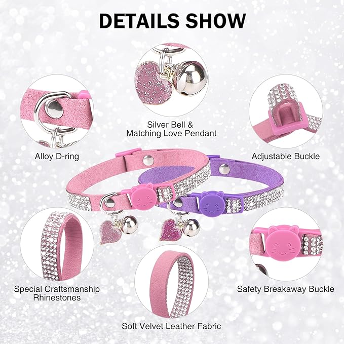 Rhinestone Cat Collar Breakaway with Bell, Diamond Cat Collar with Safety Buckle Quick Release for Girl Boy Small Kitten Pets Puppy,Cute Soft Female Male Cat Collars,Color Pink & Purple 8-12"