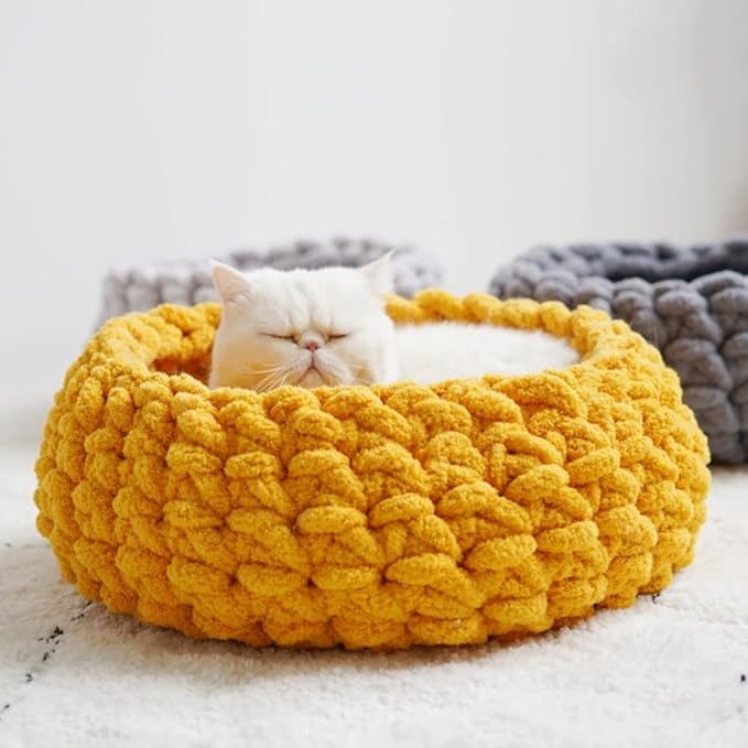 Cat Nest Bed - Premium Self Warming Handwoven Washable Extra Soft Round Cave House for Indoor Kitten & Kitty, Small & Large (Cloud White,Large)