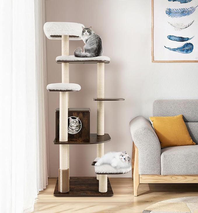 PETSITE Tall Cat Tree for Indoor Cats, 71 Inches Multi-Level Modern Cat Tower with Plush Perch, Cozy Condo, Platforms, Sisal Scratching Posts, EVA Massage Comb & Removable Cushions (Brown)
