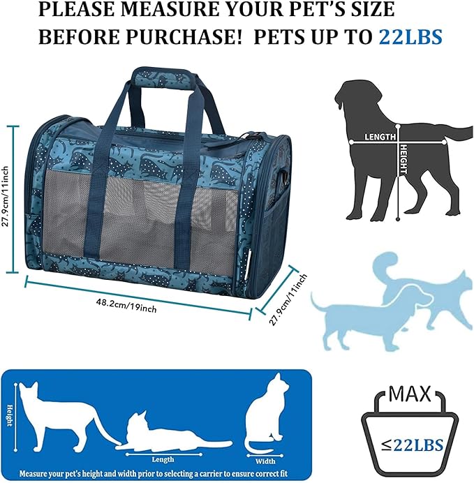 Soft-Sided Kennel Pet Carrier for Small Dogs, Cats, Puppy, Airline Approved Cat Carriers Dog Carrier Collapsible, Travel Handbag & Car Seat (Blue Cat Print, 19" L x 11" W x 11" H)